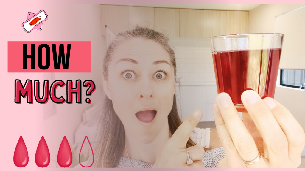 A women holding and pointing to a glass of red liquid that represents period blood and asking the question "how much" blood are you losing on your period