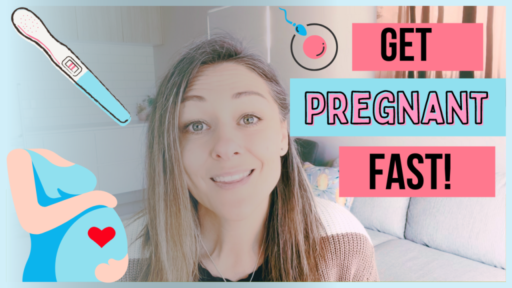 A woman's face with the title "get pregnant fast" with an animated pregnant belly and a pregnancy test.